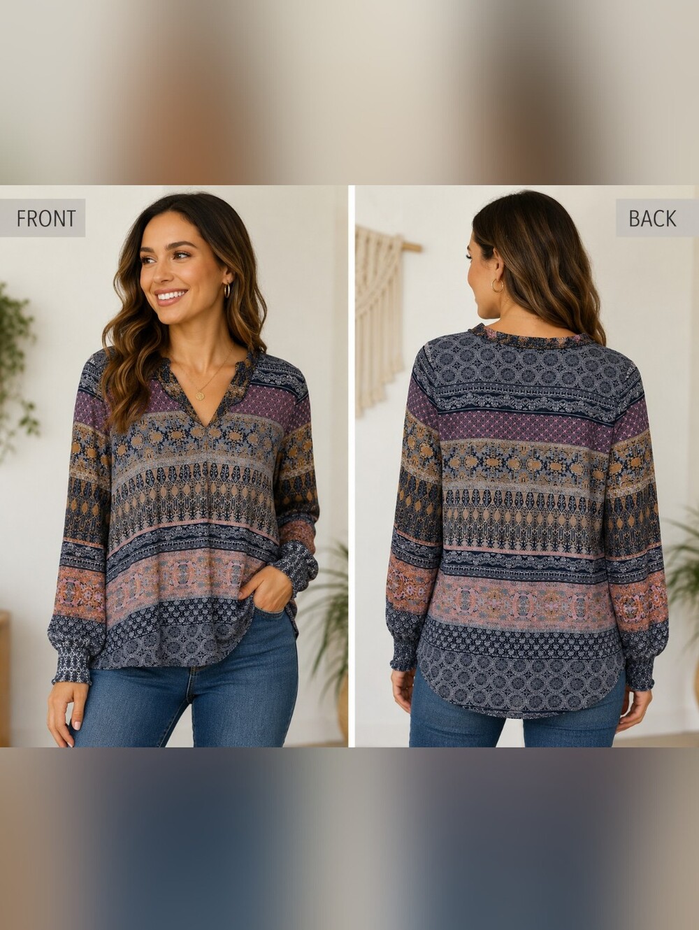 Lucky Brand Sheer Boho Pattern V-Neck Long Sleeve Top Small Like New